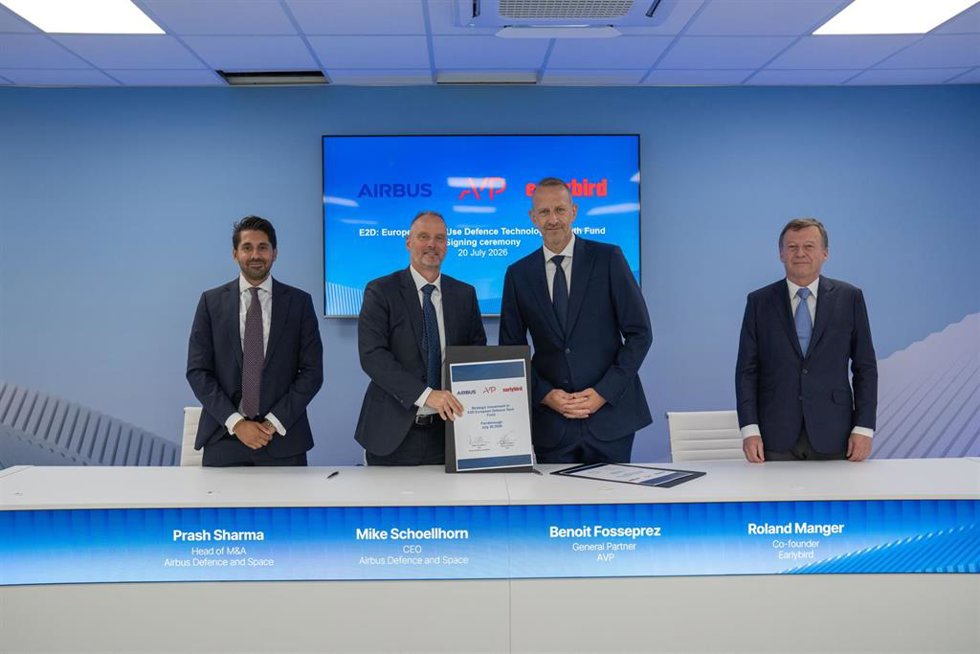 Michael Schoellhorn, CEO of Airbus Defence and Space, and Benoit Fosseprez, General Partner at AVP, sign an agreement establishing Airbus as the anchor investor in the new E2D European defence tech fund during the Farnborough Airshow.