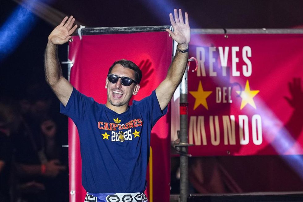 Mikel Oyarzabal celebrates on stage during celebration of Spain as Champions of the FIFA World Cup 2026 at Cibeles Palace on July 20, 2026 in Madrid, Spain.