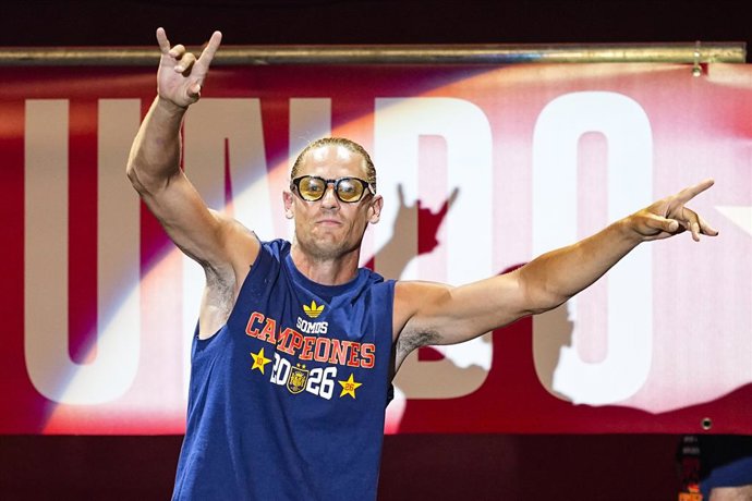Marcos Llorente celebrates on stagecelebrates on stage during celebration of Spain as Champions of the FIFA World Cup 2026 at Cibeles Palace on July 20, 2026 in Madrid, Spain.