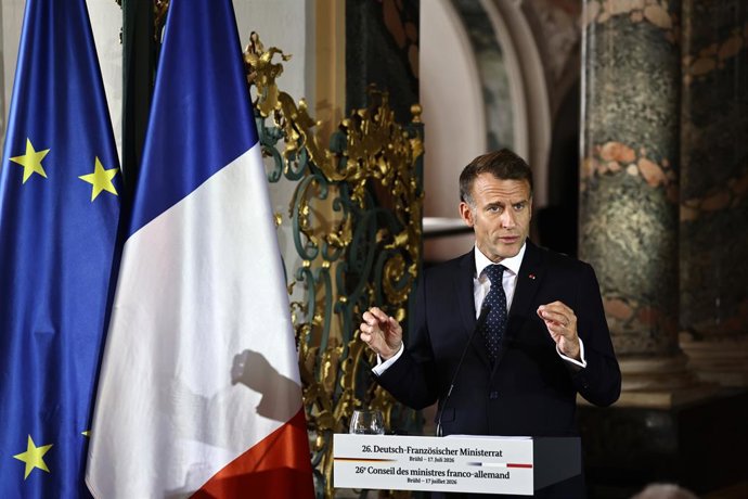 17 July 2026, North Rhine-Westphalia, Bruehl: French President Emmanuel Macron speaks during a joint press conference with German Chancellor Friedrich Merz (not pictured), following a meeting of the Franco-German Ministerial Council, as part of intergover