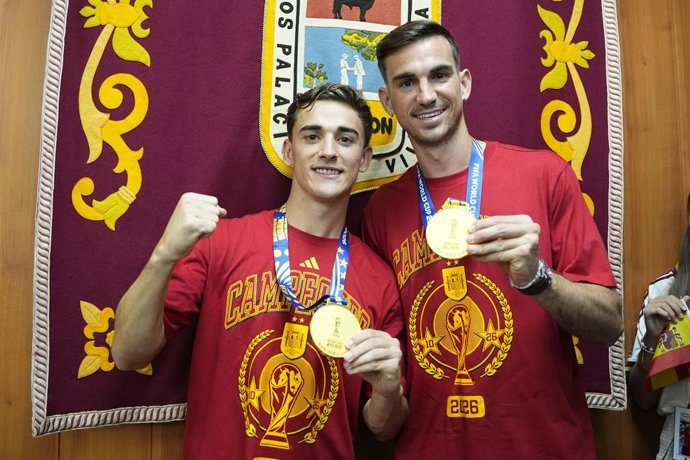 Fabian Ruiz and Gavi pose for photo during the tribute in their town, Los Palacios, after winning the FIFA World Championship with Spain Team, on July 21, 2026 in Los Palacios, Sevilla, Spain.
