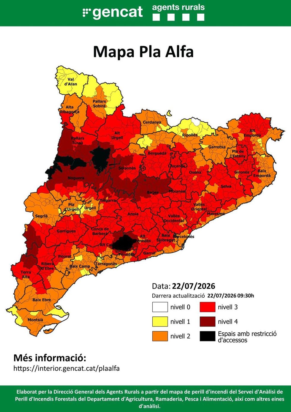 Mapa del riesgo de incendio forestal en Catalunya este miércoles