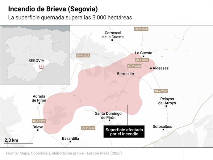 Mapa con extensión del incendio en Brieva (Segovia)