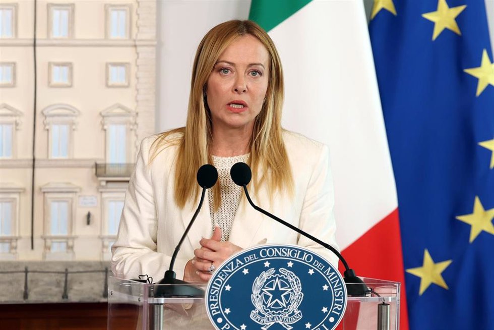 La primera ministra Giorgia Meloni, durante declaraciones conjuntas tras la visita de su homólogo de Portugal.