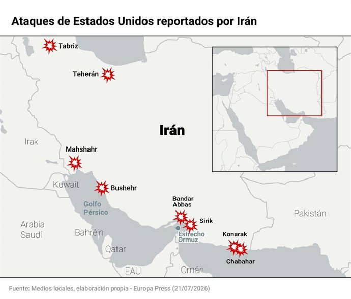 Mapa con ataques de Estados Unidos sobre Irán