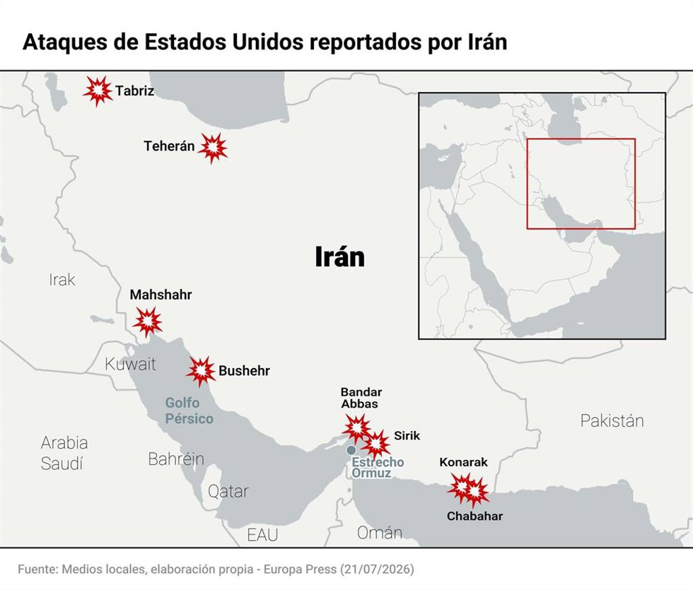 Mapa con ataques de Estados Unidos sobre Irán