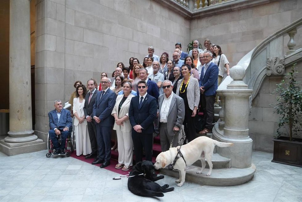 El conseller de Justicia y Calidad Democrática, Ramon Espadaler, el de Derechos Sociales e Inclusión, Raúl Moreno, diputados del Parlament y representantes de entidades de apoyo a personas con discapacidad