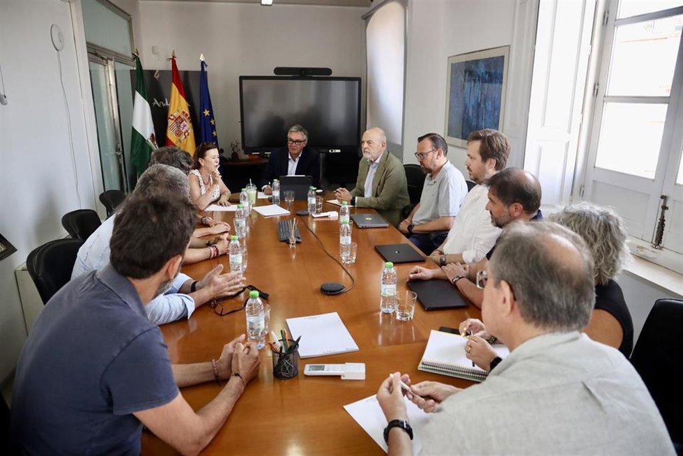 El vicepresidente segundo y consejero de Turismo, Justicia, Desregulación y Administración local, Manuel Gavira (c), junto al viceconsejero de Turismo y Justicia, Rafael Sánchez Saus (6d), mantiene una reunión de trabajo durante una visita institucional a