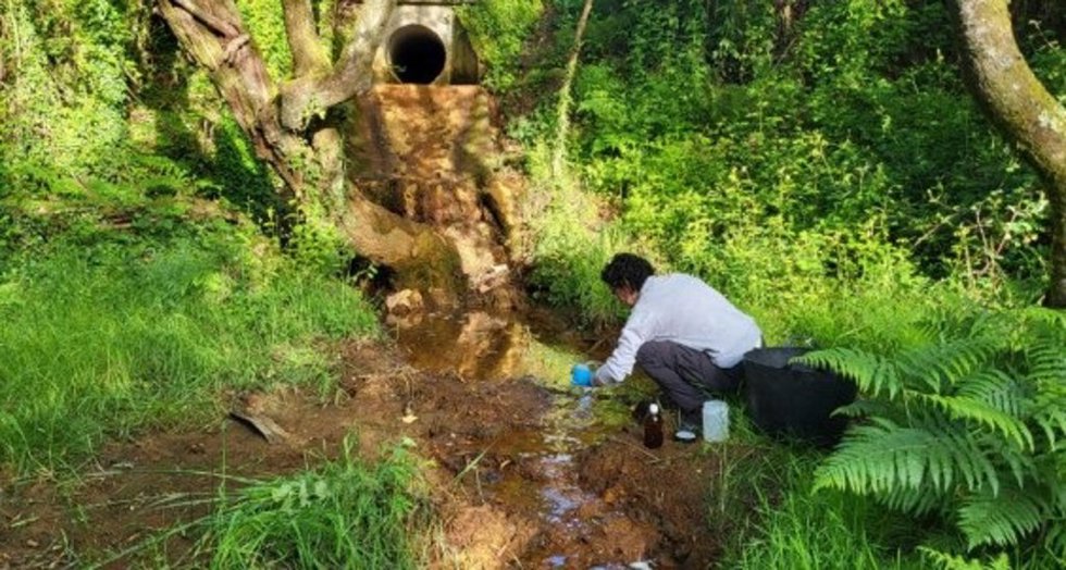 Recogida de muestras en el entorno de la antigua mina de Touro-O Pino en mayo de 2026, estudiadas por Tysgal Medioambiente en un informe encargado por el Ayuntamiento de Touro.