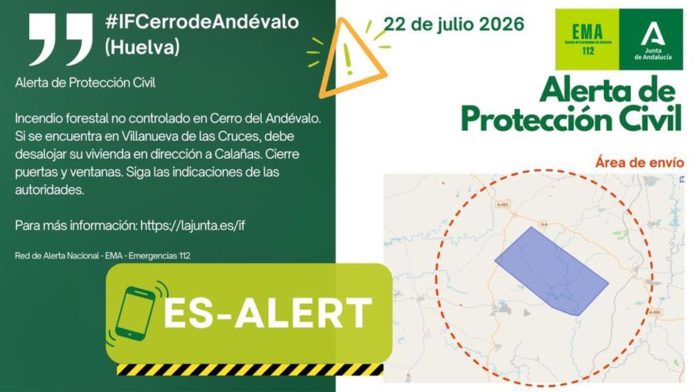 Es-alert enviado ante el desalojo de Villanueva de las Cruces.