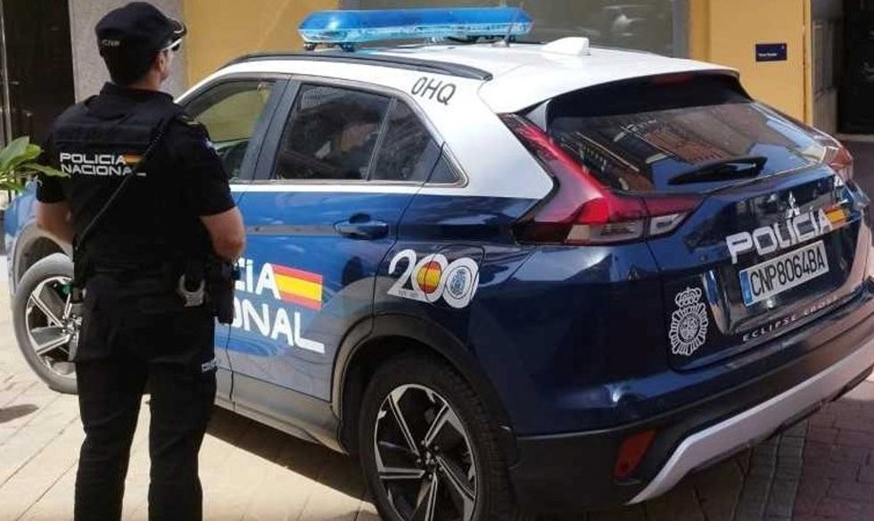 Un agente de la Policía Nacional, de espaldas, junto a un vehículo oficial.