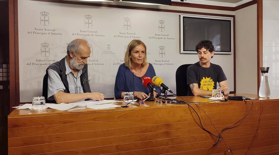La diputada del Grupo Mixto en la Junta General del Principado de Asturias, Covadonga Tomé, junto a los representantes de CSI, Juan Manuel Martínez Morala, y de AMA Asturies, Adrián García.