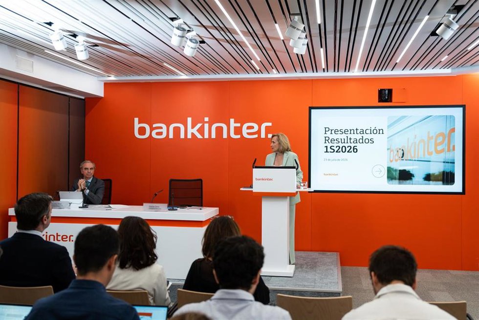 La consejera delegada de Bankinter, Gloria Ortiz, presenta a los medios los resultados de la Entidad en el primer semestre de 2026, en la sede Central de Bankinter.
