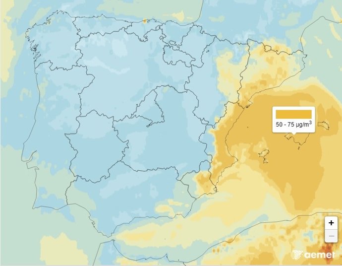 Mapa de España con el episodio de polvo en Baleares, a 23 de julio de 2026