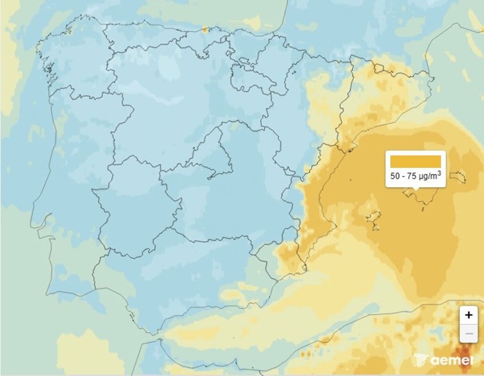 Mapa de España con el episodio de polvo en Baleares, a 23 de julio de 2026