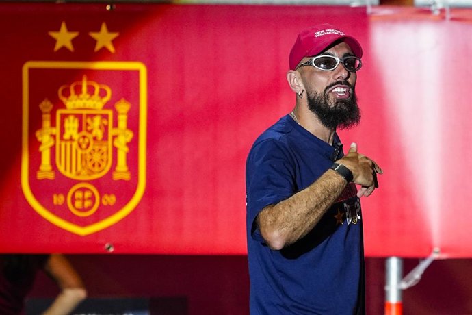 Borja Iglesias celebrates on stage during celebration of Spain as Champions of the FIFA World Cup 2026 at Cibeles Palace on July 20, 2026 in Madrid, Spain.