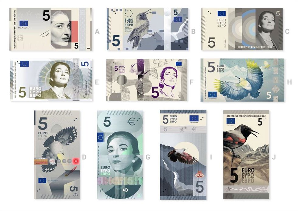 Las diez propuestas preseleccionadas de los nuevos diseños de los billetes de euros mostrados en los billetes de cinco euros.