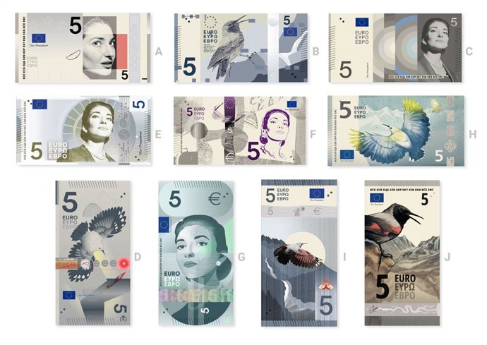 Las diez propuestas preseleccionadas de los nuevos diseños de los billetes de euros mostrados en los billetes de cinco euros.