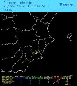 Descargas eléctricas nube-tierra durante las últimas 24 horas en la Región de Murcia, hasta las 18.20 horas. La mayor parte se han registrado a partir de las 14.20 horas