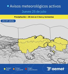 Mapa de avisos meteorológicos en Cantabria para el 25 de julio de 2026