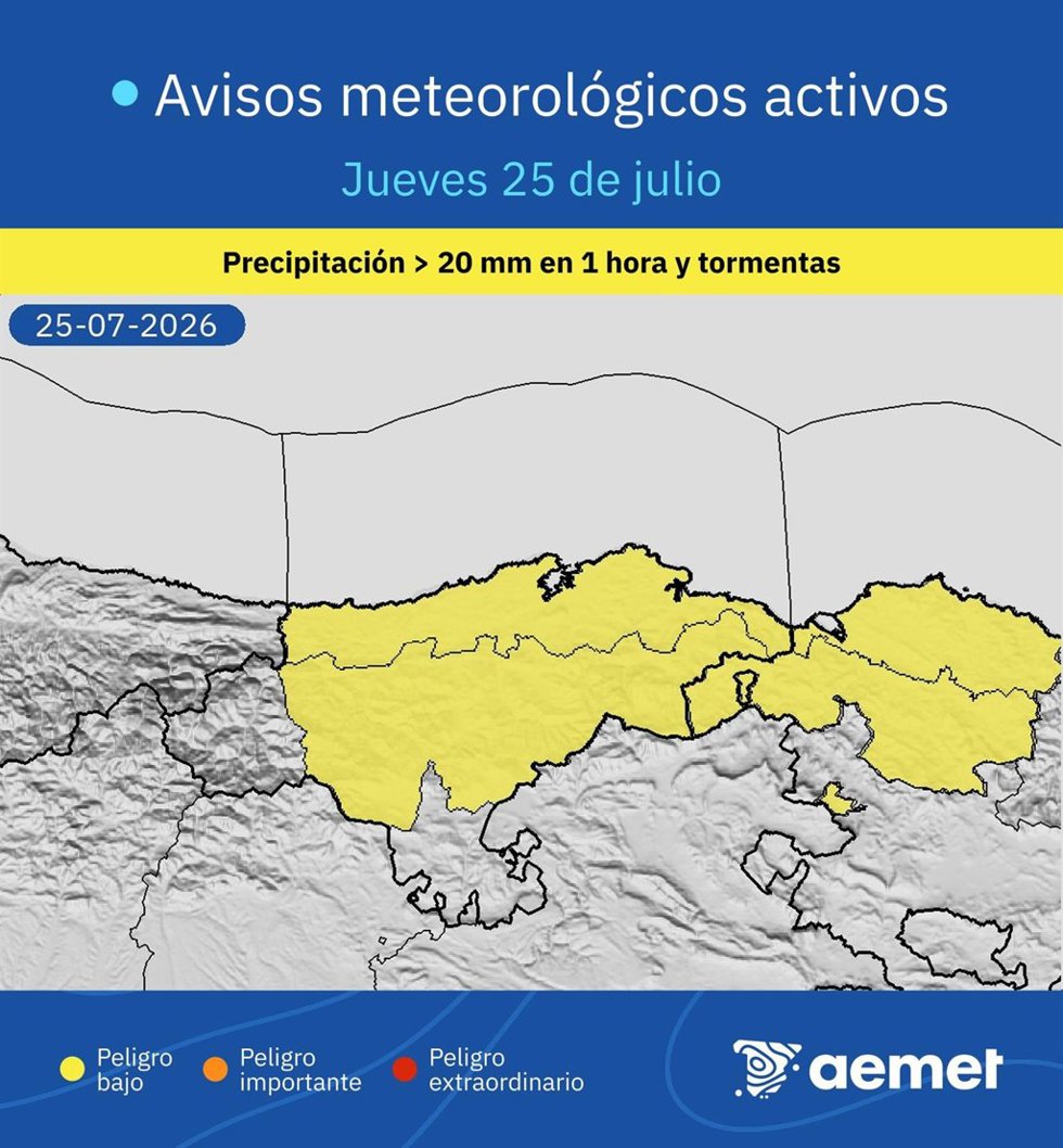 Mapa de avisos meteorológicos en Cantabria para el 25 de julio de 2026