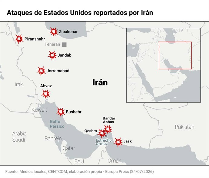 Mapa con ataques sobre Irán. El Ejército de Estados Unidos ha llevado a cabo una nueva oleada de ataques contra "objetivos militares" de Irán, cuyas autoridades han informado de al menos cuatro muertos y siete heridos, en el marco de la hostilidades que a