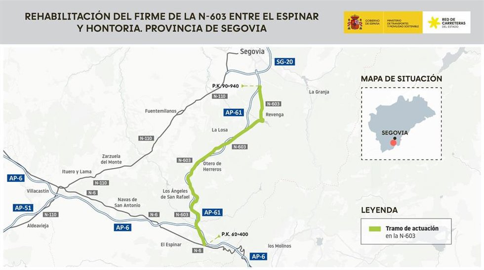 Transportes licita por 8,2 millones de euros las obras de rehabilitación del firme de la N-603 entre El Espinar y Hontoria, en la provincia de Segovia