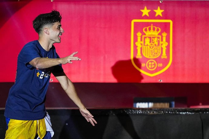 Pedri celebrates on stage during celebration of Spain as Champions of the FIFA World Cup 2026 at Cibeles Palace on July 20, 2026 in Madrid, Spain.