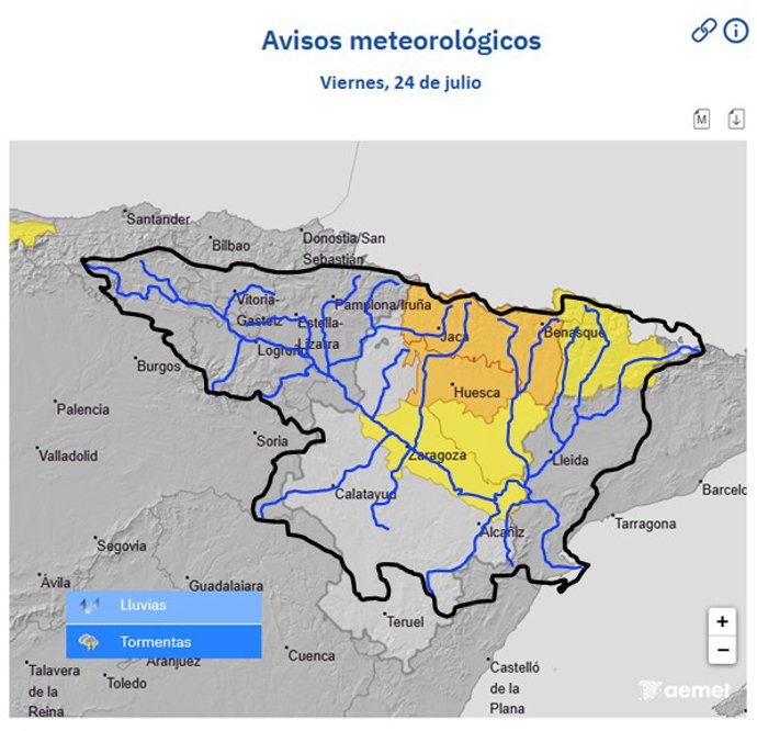 Mata de la Aemet con los avisos naranja y amarillo por el riesgo de lluvia intensa y tormentas 