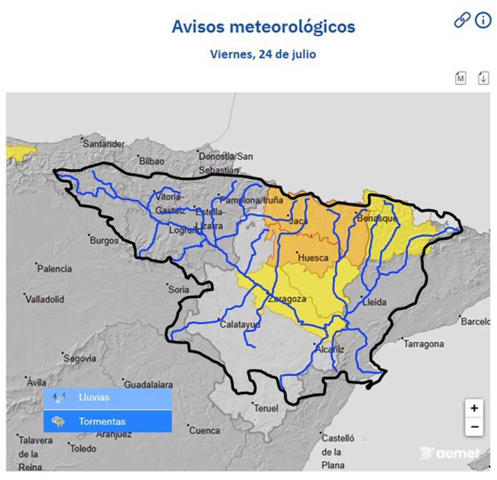 Mata de la Aemet con los avisos naranja y amarillo por el riesgo de lluvia intensa y tormentas 