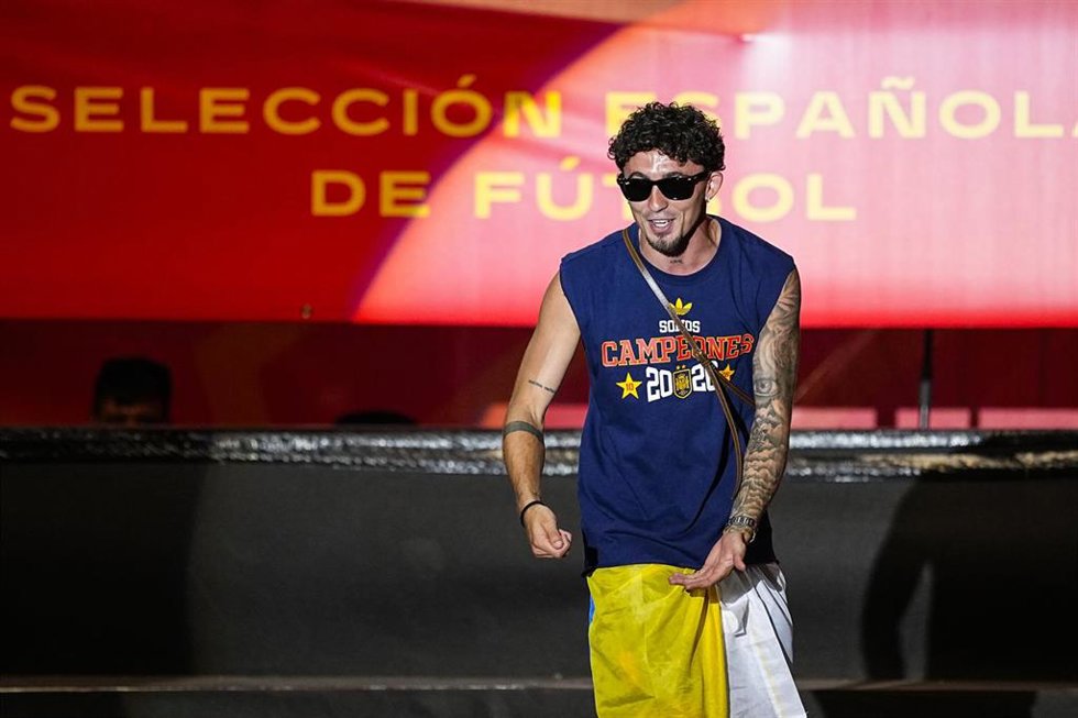 Yeremi Pino celebrates on stage during celebration of Spain as Champions of the FIFA World Cup 2026 at Cibeles Palace on July 20, 2026 in Madrid, Spain.