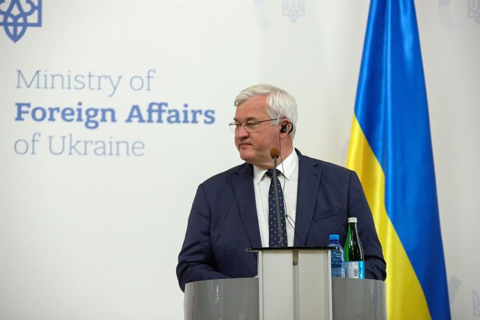 16 de julho de 2026, Kiev, Ucrânia: O ministro das Relações Exteriores da Ucrânia, Andrii Sybiha, participa de uma coletiva de imprensa conjunta com o ministro das Relações Exteriores da República da Turquia, Hakan Fidan, após a reunião entre os dois, em 