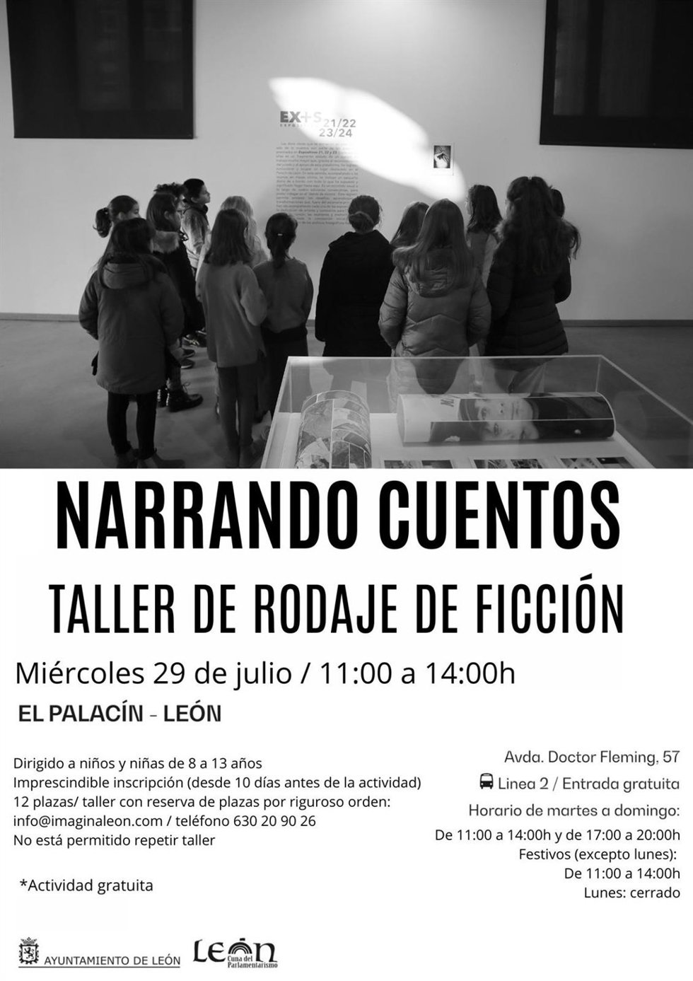 Cartel de la actividad 'Rodando cuentos. Taller de rodaje de ficción' que acogerá El Palacín de León el día 29 de julio.