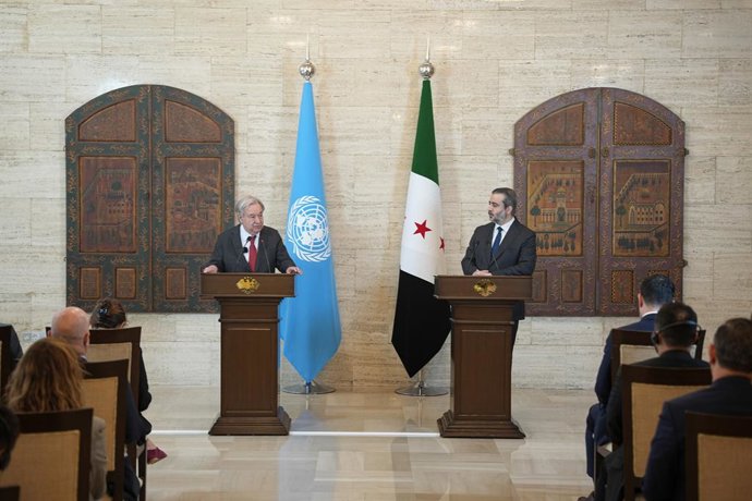 25 July 2026, Syria, Damascus: Syria's Foreign Minister Asaad al-Shaibani and UN Secretary-General Antonio Guterres hold a joint press conference in Damascus. Photo: Mohammed Al-Rifai/dpa