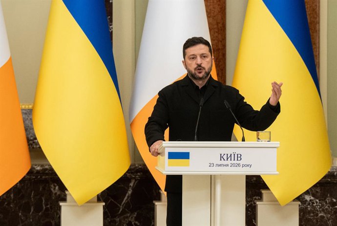 July 23, 2026, Kyiv, Ukraine: President of Ukraine Volodymyr Zelenskyy attends a news conference with Taoiseach of the Republic of Ireland Micheal Martin after their meeting, Kyiv, Ukraine, July 23, 2026.