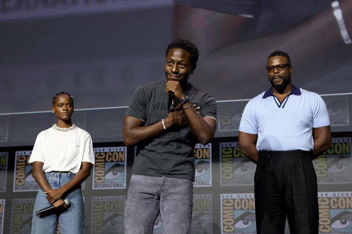 Letitia Wright, David Jonsson And Winston Duke Speak Onstage During The Marvel Studios Panel At 2026 San Diego Comic-Con