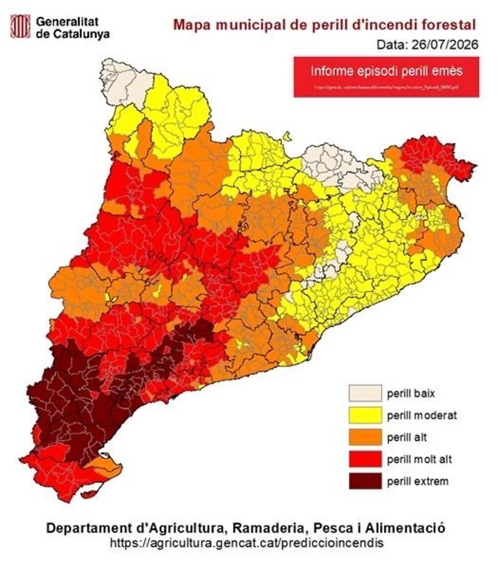 Mapa de riesgo de incendio forestal en Catalunya para este domingo
