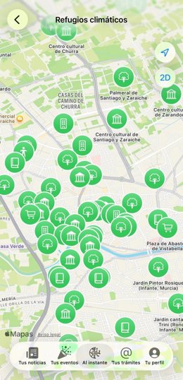 Mapa de refugios climáticos en Murcia para hacer frente a las altas temperaturas