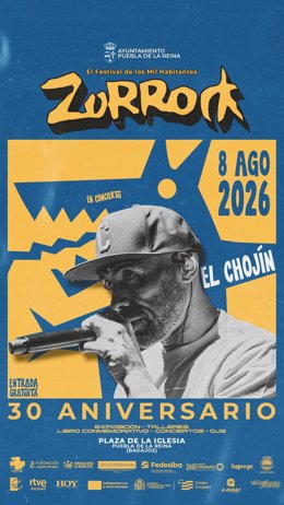 Cartel de la edición especial por el 30º aniversario del Festival Zorrock que se celebra en Puebla de la Reina el 8 de agosto de 2026.