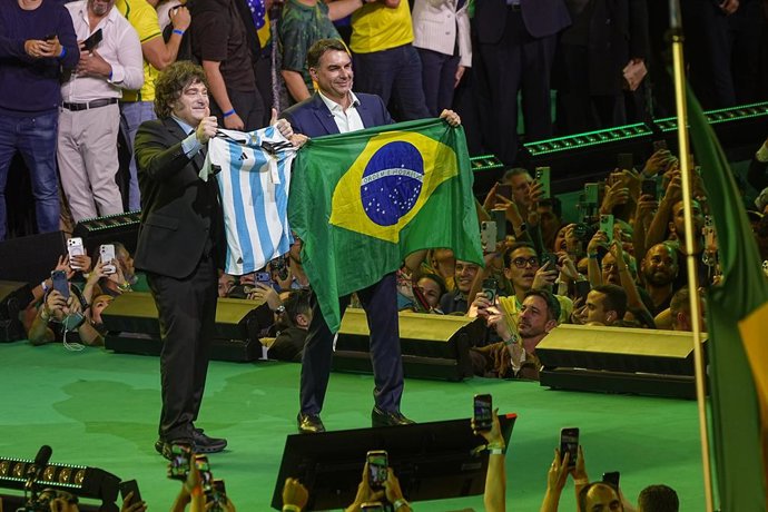 July 25, 2026: Argentine President Javier Milei (left) accompanies Flavio Bolsonaro during the Liberal Party (PL) rally confirming Flavio Bolsonaro as the official presidential candidate, in Sao Paulo, Brazil.