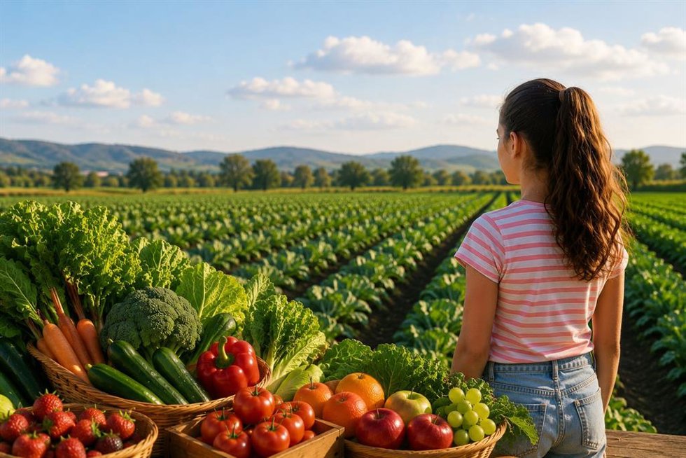 Imagen de recurso de una joven y de alimentación de fruts y verduras