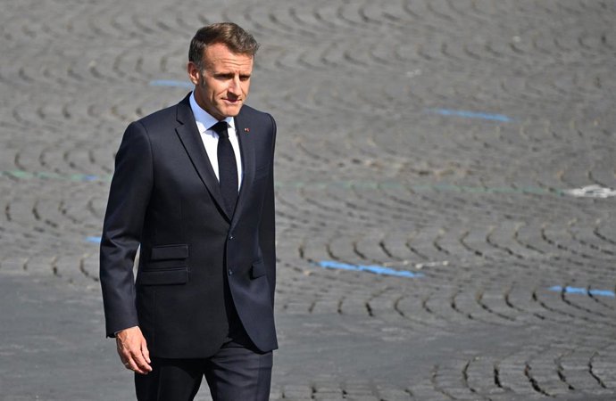 July 14, 2026, Paris, France: Le président Emmanuel Macron - Le président Emmanuel Macron et les officiels lors de la cérémonie militaire du 14 juillet Ã  Paris President Emmanuel Macron and the officials during the military ceremony on July 14 in Paris