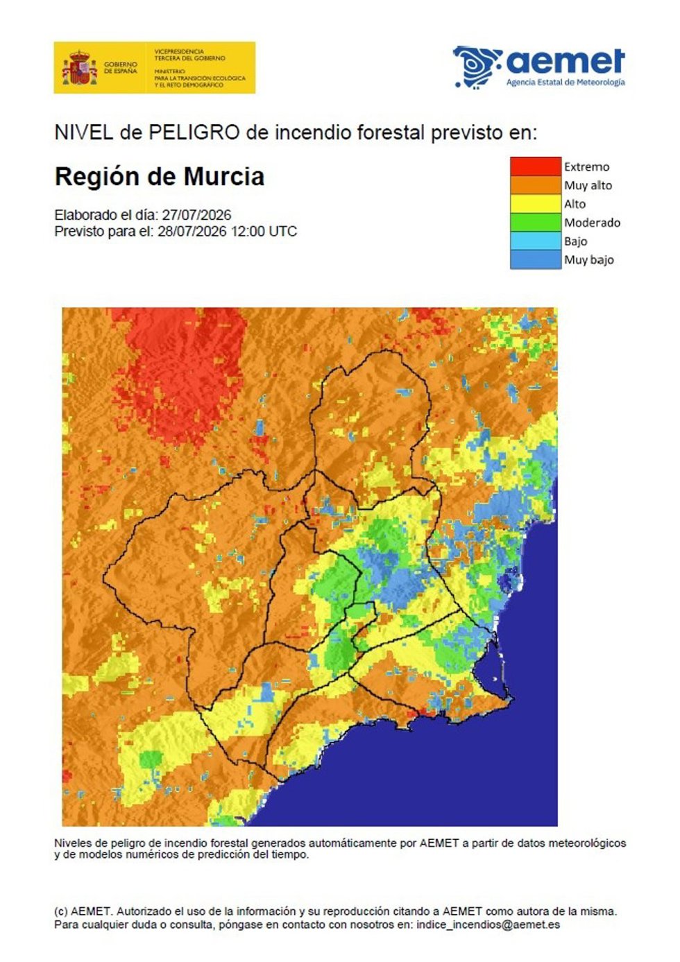 Riesgo de incendio forestal en la Región de Murcia