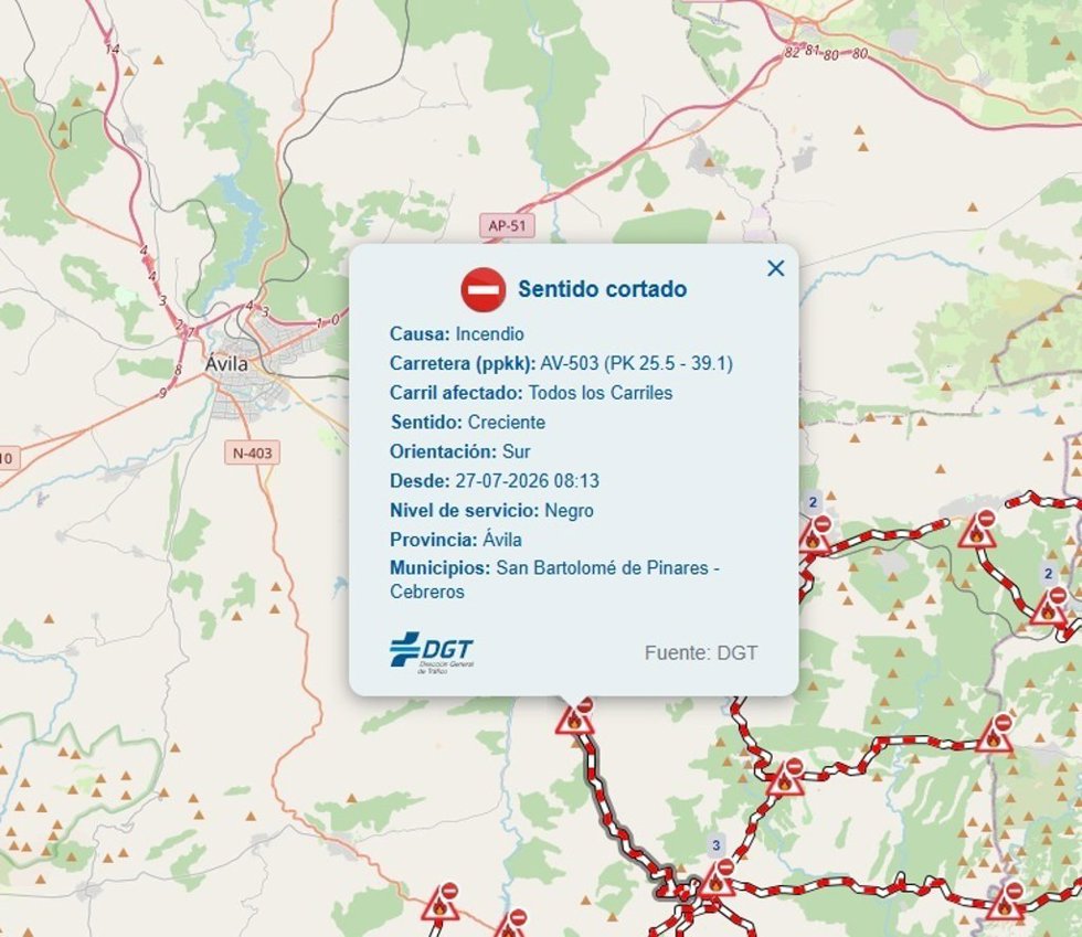 Mapa difundido por la DGT con las carreteras cortadas en la provincia de Ávila