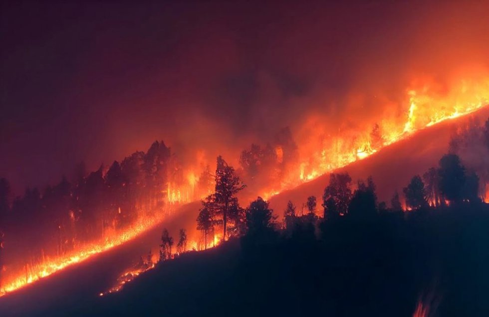 Incendio sobre un monte con árboles. Imagen de archivo.
