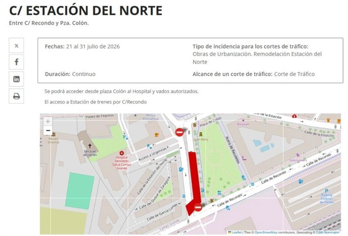 Información sobre el corte de tráfico en la calle Estación del Norte, que se prolonga hasta el viernes 31.