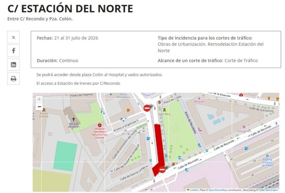 Información sobre el corte de tráfico en la calle Estación del Norte, que se prolonga hasta el viernes 31.