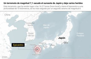 Mapa de localización del terremoto en Japón.    Un terremoto de magnitud 7,1 en la escala abierta de Richter ha sacudido a primera hora de este martes la prefectura de Kumamoto, en la isla de Kyushu, donde se han registrado al menos 50 heridos de