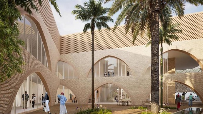 Recreación del patio central del centro cultural islámico promovido por Fundación Mezquita de Sevilla, con diseño de Vázquez Consuegra. 