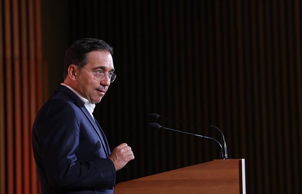El ministro de Asuntos Exteriores, Unión Europea y Cooperación, José Manuel Albares, durante la clausura de la presentación de la nueva Estrategia de Diplomacia Pública de España 2026-2028, a 16 de julio de 2026, en Madrid (España).